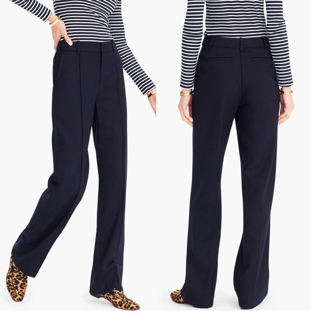 J. Crew Wool Flannel Full-Length Wide-Leg Trouser Navy Blue Size 8 Office